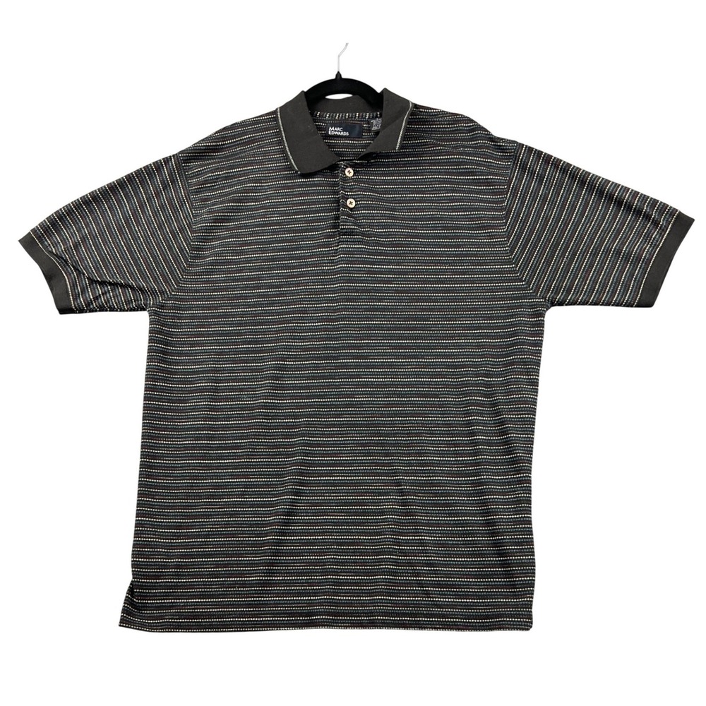 Marc Edwards Polo Shirt Mens Large Black Striped Excellent Short Sleeve Knit